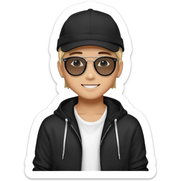 Portrait of a male K-pop idol, wearing a stylish streetwear outfit with layered clothing, makeup, wearing a black cap, happy, sunglasses sticker