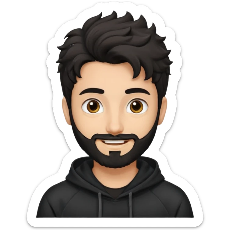 young fair skin pakistani guy smiling with black beard, wavy hair pushed back and brown eyes and big eyebrows, thin eyes , wearing black hoodie sticker