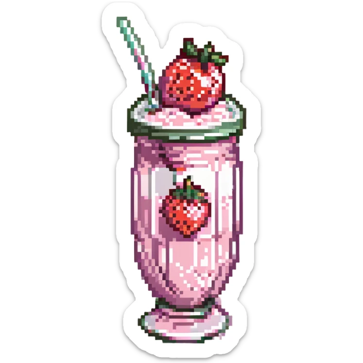 pixel art strawberry milkshake with pink hue and cherry on top, tall glass, striped straw, retro diner style sticker