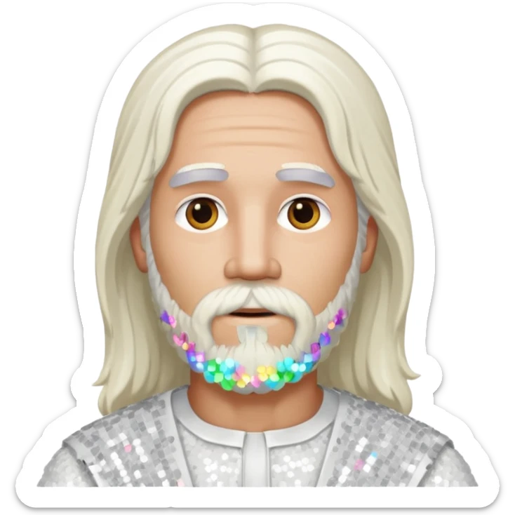 Jesus, Son of God from Gods and Goddesses with long white hair and beard, white sequin outfit sticker