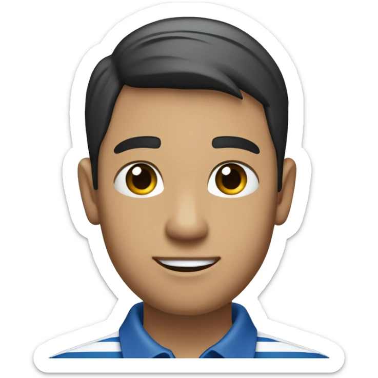 The person in the image is a young man with short, dark hair. He is wearing a blue polo shirt with white and blue stripes on the collar and sleeves. He has his arms crossed and is wearing a black watch on his left wrist. The background is plain white. sticker