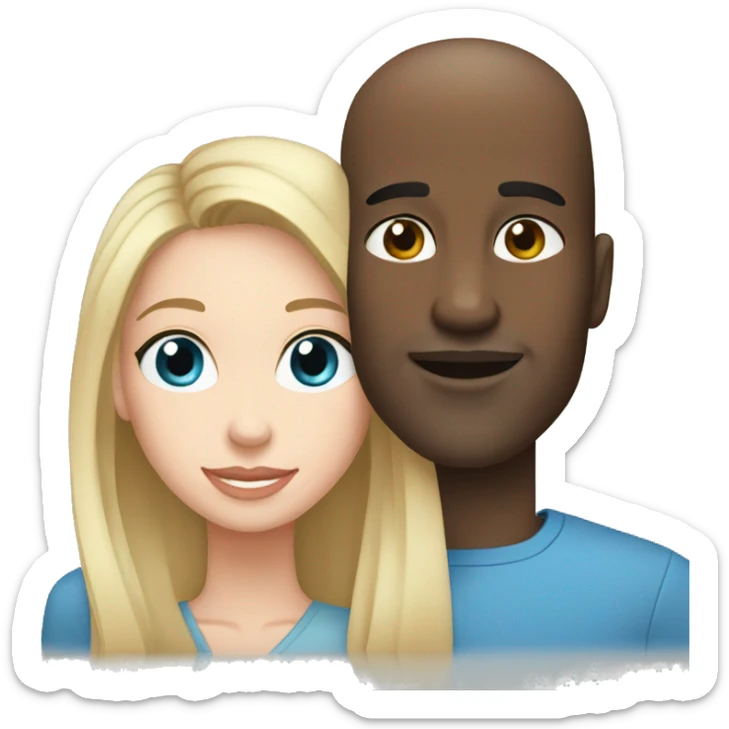 Bald black man loves a white woman with long dark hair and blue eyes sticker