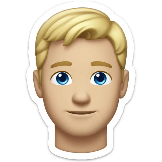A head and shoulders shot of a 32 year old White man, with short blond hair, with none facial hair,   with blue eyes wearing a t-shirt. sticker