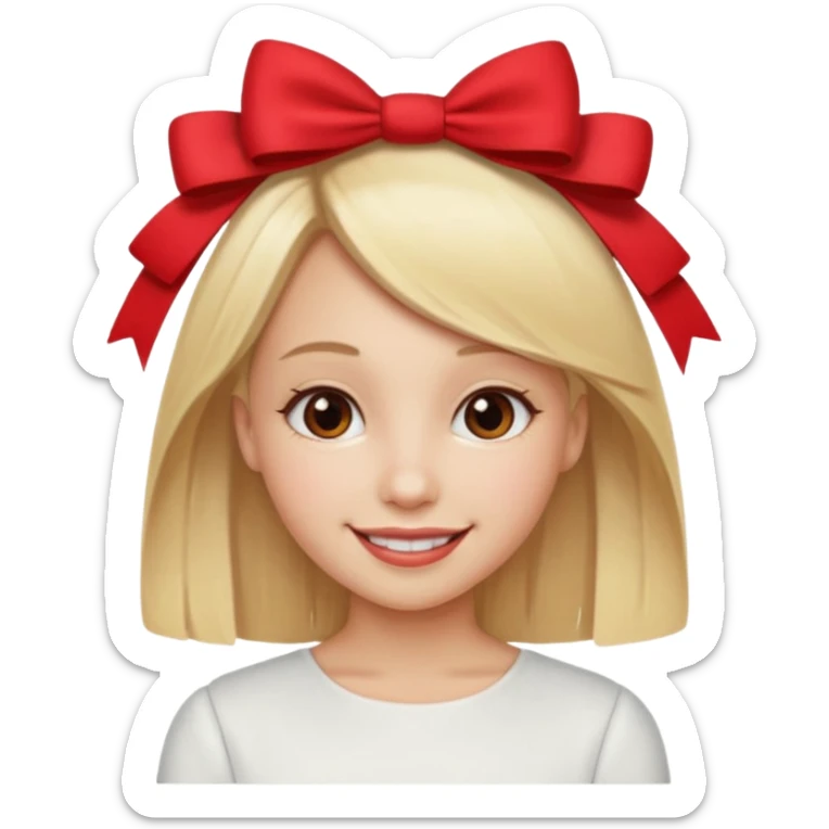 ["Fair skin female, straight blonde hair, small red bow clip."] sticker