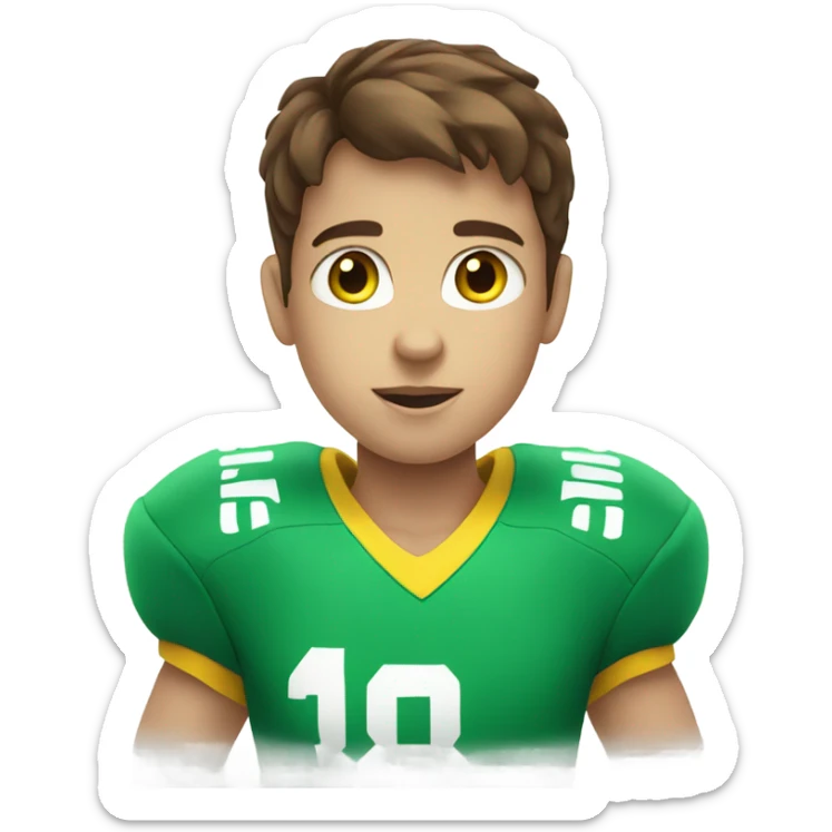 boy with brown hair and blue eyes. wearing a green and yellow shirt. holding a football  sticker