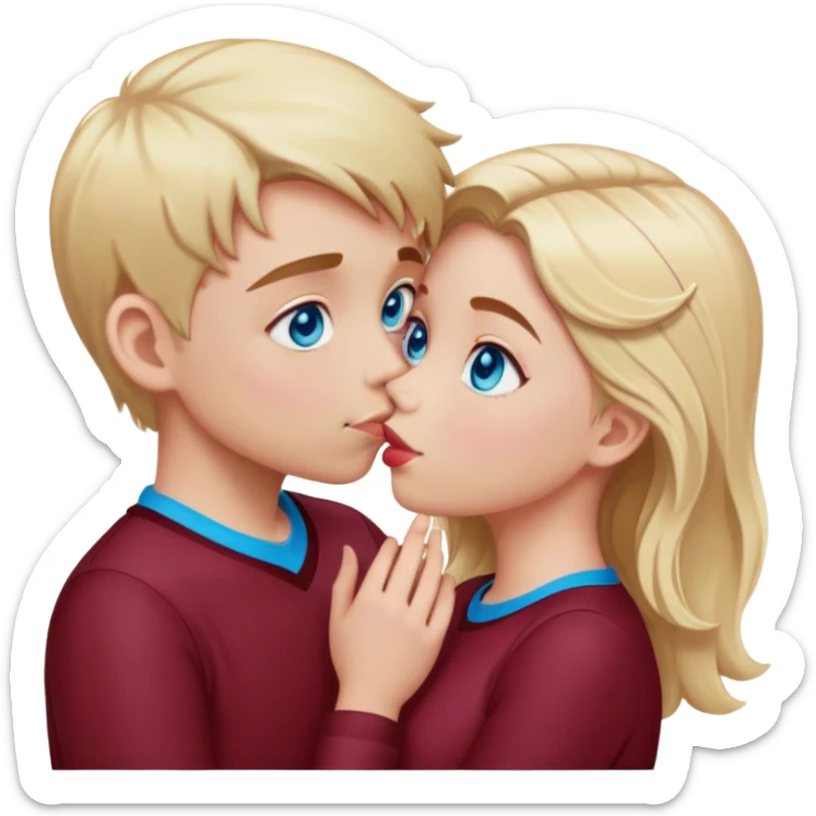 kiss-kiss boy and girl blue eyes and blond hair cloth burgundy color sticker