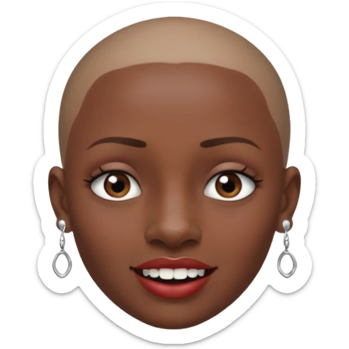 Make a emoji of a person with dark skin and has a nose ring that goes between her two nostrils and has a bunch of small earrings and who has a gap between her two front teeth and with no hair sticker