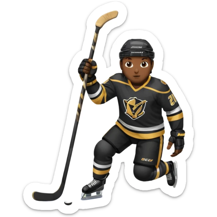 Back Shot Of Hockey Player Celebrating, sliding on one knee, with Left hand raised holding his stick by the middle of the shaft. Right Hand Touching the ice.
Black and Gold Jersey sticker