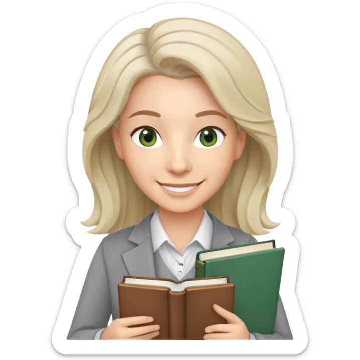 smiling English teacher with airtouch hair and grey-green eyes holding books and teaching materials sticker
