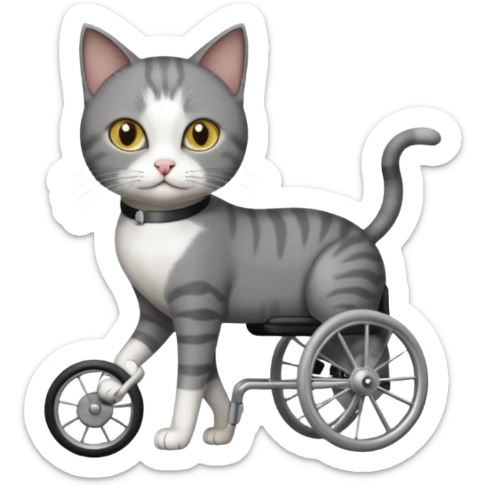 full body small short hair dark grey and white cat with hazel eyes walking in a wheelchair for cats sticker