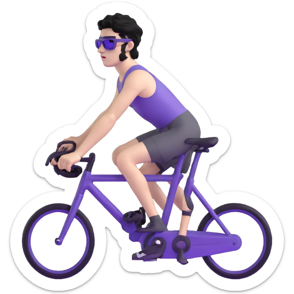 shirtless male athlete with white skin and moderately curly black hair on top with shaved sides, wearing purple bike sunglasses with black tinted lenses sticker