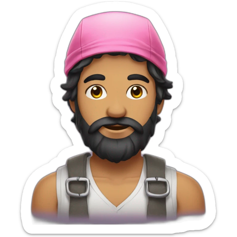 young market gardener with black long hair and fat beard with pink bandana sticker