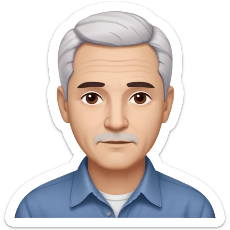 Puerto Rican actor René Monclova with round face, wide jaw, light skin. Expressive dark brown eyes, thick eyebrows. Short gray/white hair with receding hairline. Clean-shaven. Friendly expression. Wearing a dark button-down shirt. Distinguished older man with charismatic appearance. sticker