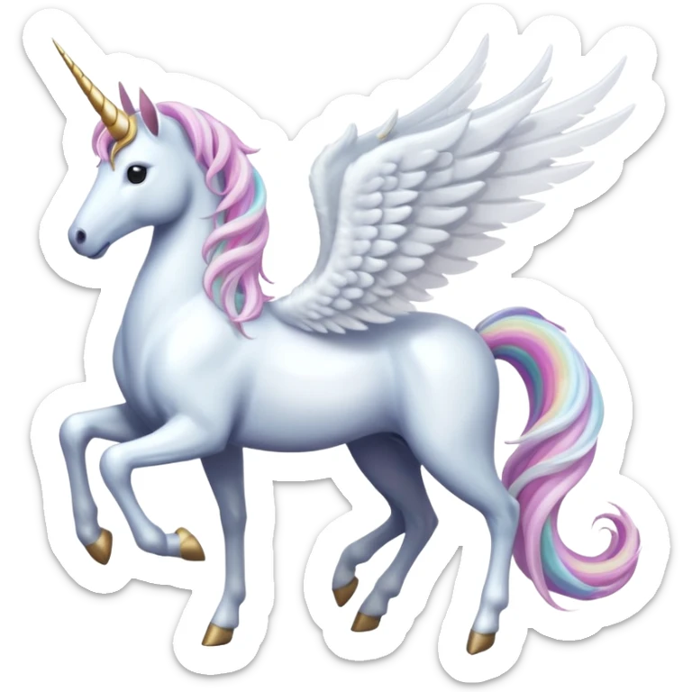 All white Cinematic Noble Unicorn with wings, slender with a flowing mane and tail and spiraled horn sticker