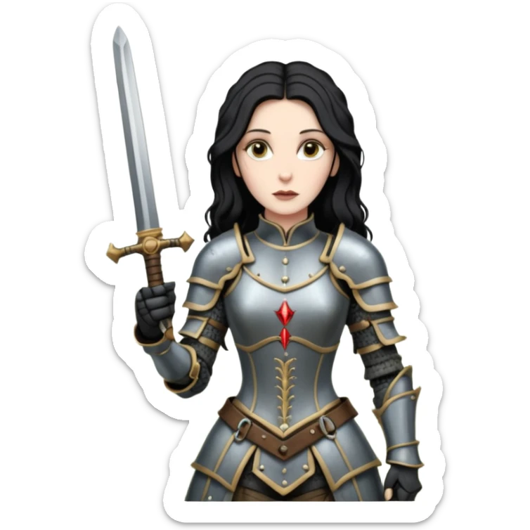 realistic cinematic actress Cher in Victorian styling like Joan of Arc dirty damaged armor in a forest sticker