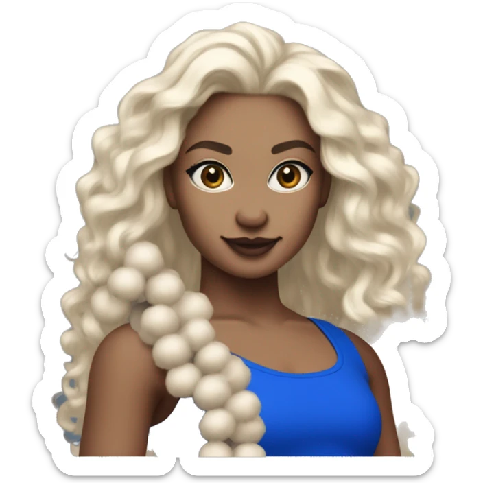 Dancer with white skin and blue eyes wearing royal Blue miniskirt and royal blue long tank top with blond wavy long hair. Holding silver pom poms.  sticker