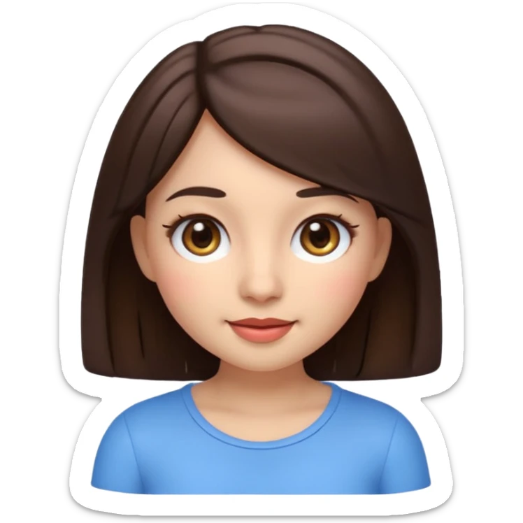3D emoji sticker of a cute girl, Apple Memoji style, dark brown hair, brown eyes, long eyelash extensions, soft facial features, clean white background, smooth lighting, high quality, cute and friendly expression sticker