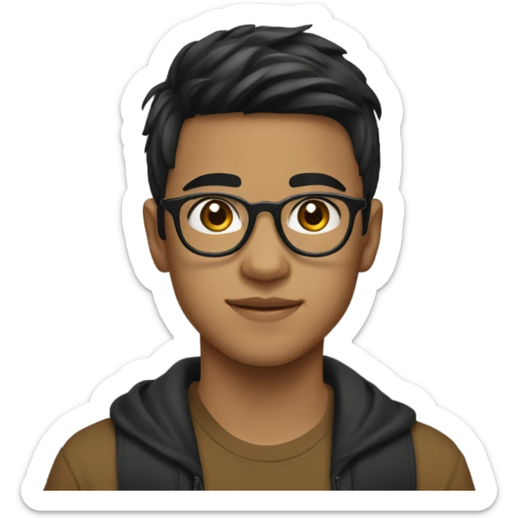 a boy age 19 years old who wears gold glasses. He has brown skin, black hairs, asian  sticker