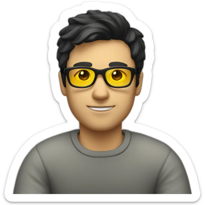 White man with yellow tinted glasses and black hair in a jumper sitting on a chair sticker