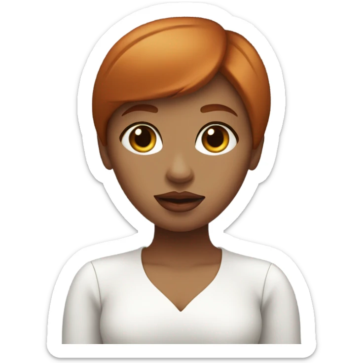 girl with straight short red hair, big lips, big eyes, calm face, in white decolletag e works on macbook sticker