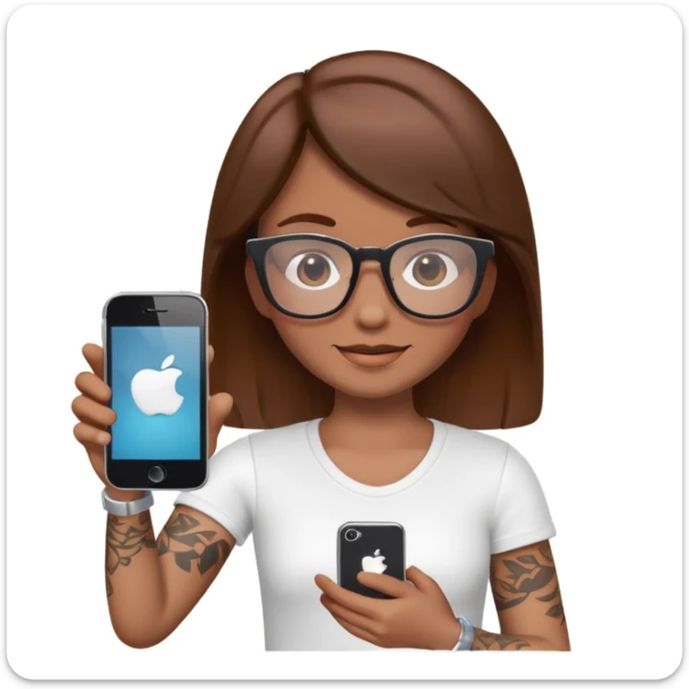 3D emoji character in Apple iPhone style, brown hair, wearing stylish glasses, white tattoo on the arm, holding an iPhone in one hand, cute and friendly expression, smooth and shiny skin, minimalistic design, high quality, vibrant colors, realistic lighting, isolated on white background sticker