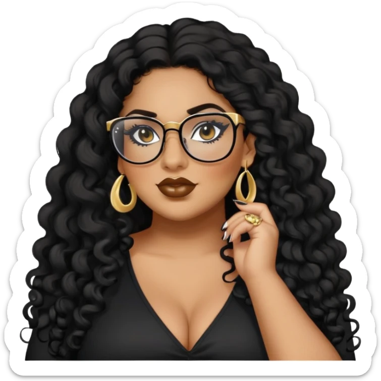 big plus size, latina, darker tan skin, long black curly hair, baddie,pretty, makeup, lipgloss, black eyeliner, long hair, stud gold earrings, black top, black glasses sticker