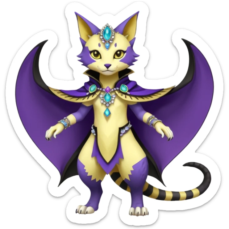 Kawaii cute Violet Yellow Black beautiful pretty elegant divine edgy feline-vernid-sergal-Fakémon-Pokémon-Digimon-fursona-animal-creature, full body, with intricate detailed markings, Embroidered capelet, Gem-studded horn ring sticker