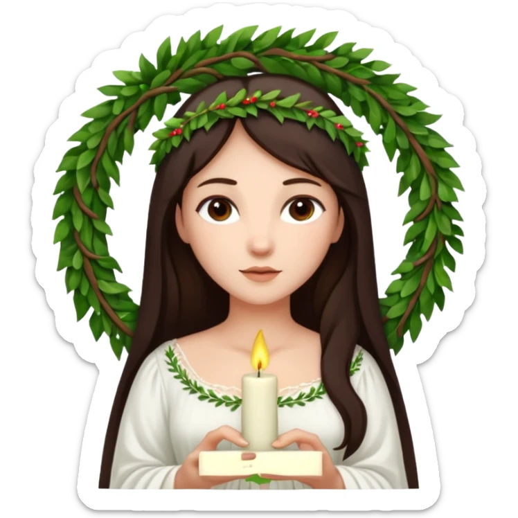 saint lucia with dark brown hair with a white gown and a wreath made from greenery and candles on top of it sticker