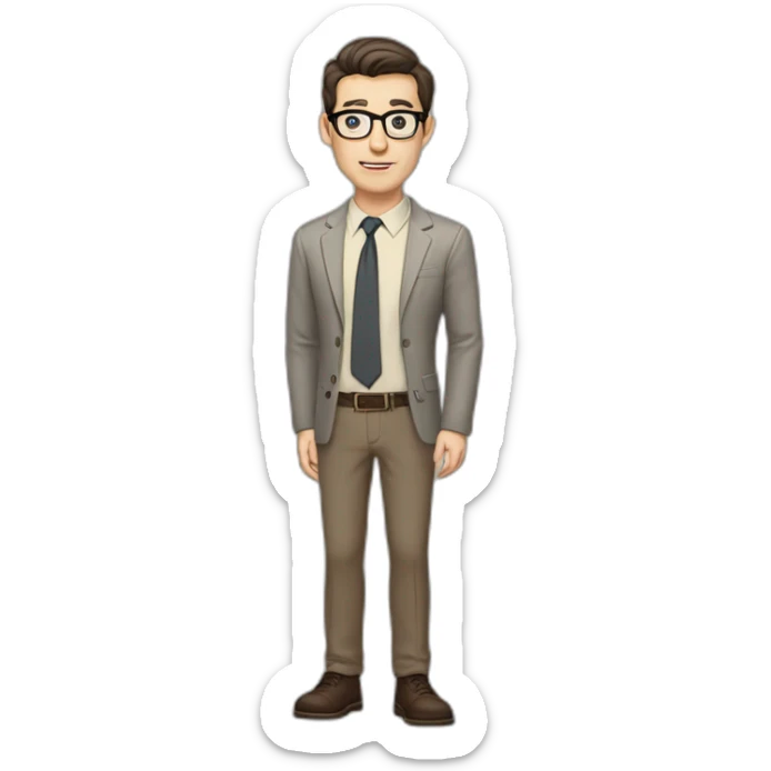 Full height Pale skinned Fit Man With dark brown hair in gray jacket, beige office shirt, tie, Brown pants and vintage glasses. Thrumbs of his palms directed up sticker
