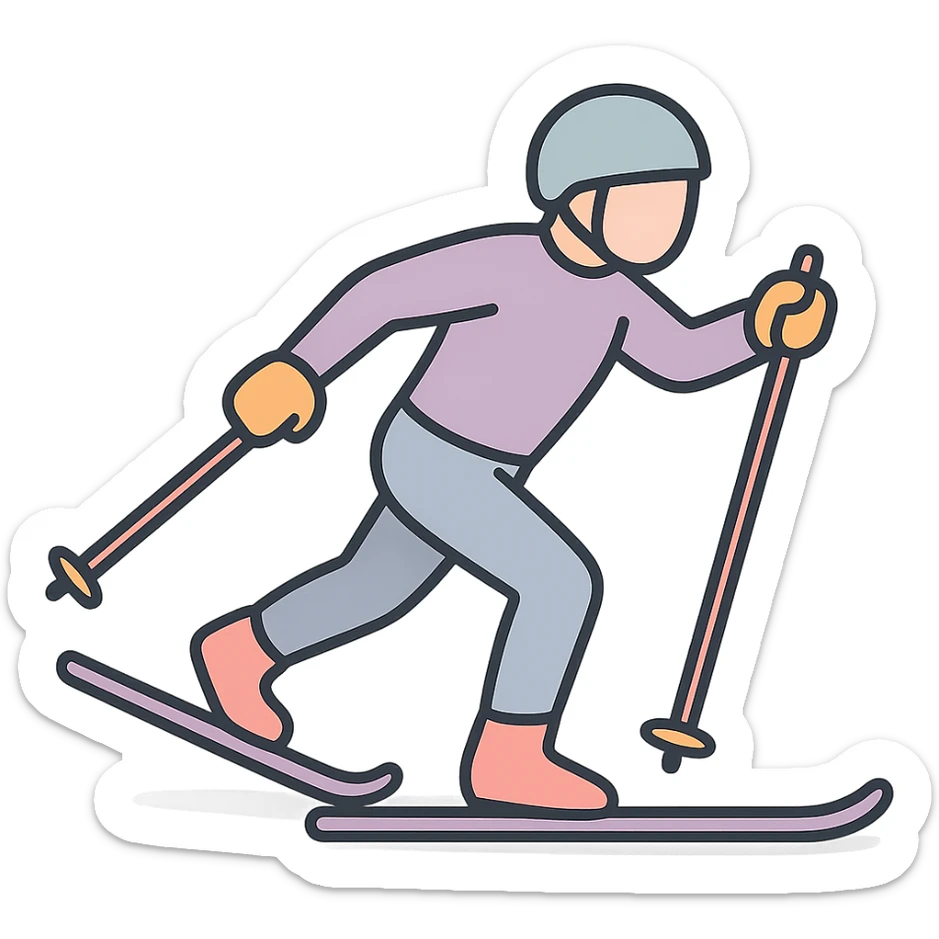 a skier using skate technique on cross-country skis, arms and poles in motion, detailed shading, thin clean outlines, soft rounded features, pastel palette #98B5BC #B5B3C1 #C9A3C9 #E4C0CA #F7DCD1 #F7C0AA, Japanese pop art, sticker look, highly detailed, vector clarity, soft lighting, subtle shadows, transparent background sticker