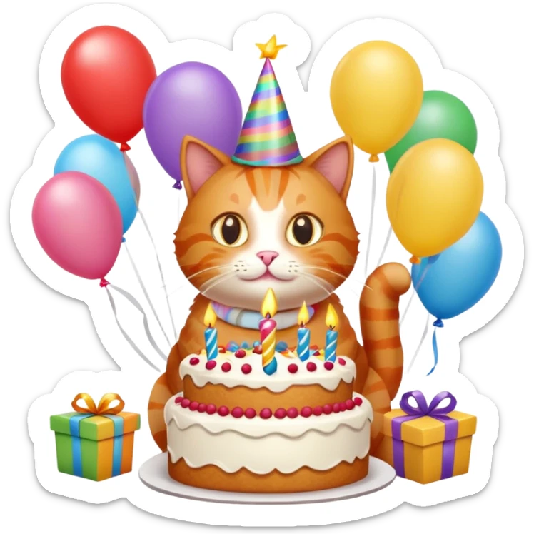 Ginger cat celebrates birthday, birthday hat, birthday cake, balloons, happy, gifts sticker