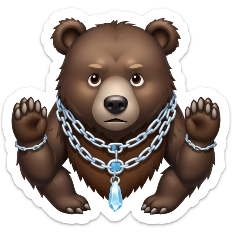 Intimidating dark brown bear on four legs with heavy ice chain around neck, frozen chain links with icicles, serious expression sticker