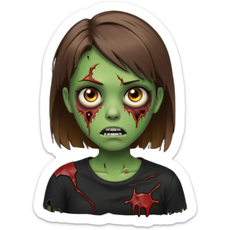 Zombie girl emoji verde com cabelo curto liso castanho no ombro com uma blusa preta sticker