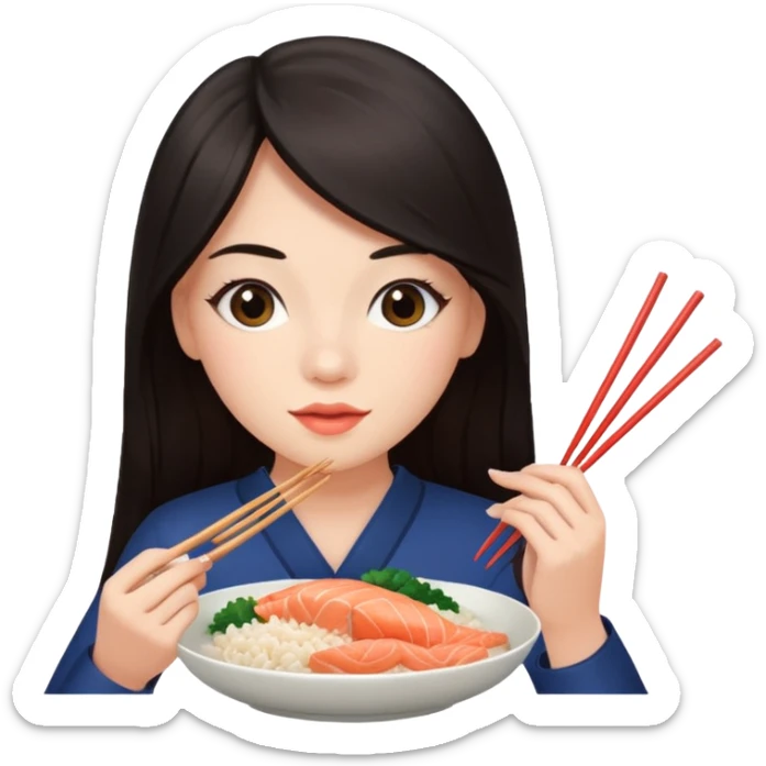 chica joven con piel clara y pelo oscuro largo comiendo un plato de arroz con salmón  sticker