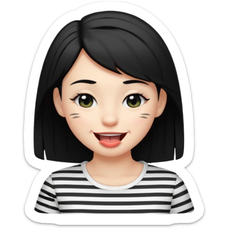 Black-haired girl, short to the neck, wearing white shirt with black stripes, With his head sideways, winking one eye, and sticking out his tongue  sticker