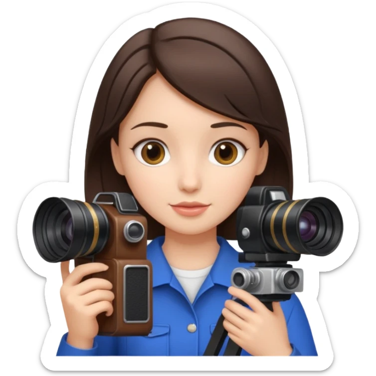 A brunette girl , she’s a proud and successful filmmaker 🍿🌍✨ she’s next to a camera, / holding awards  sticker