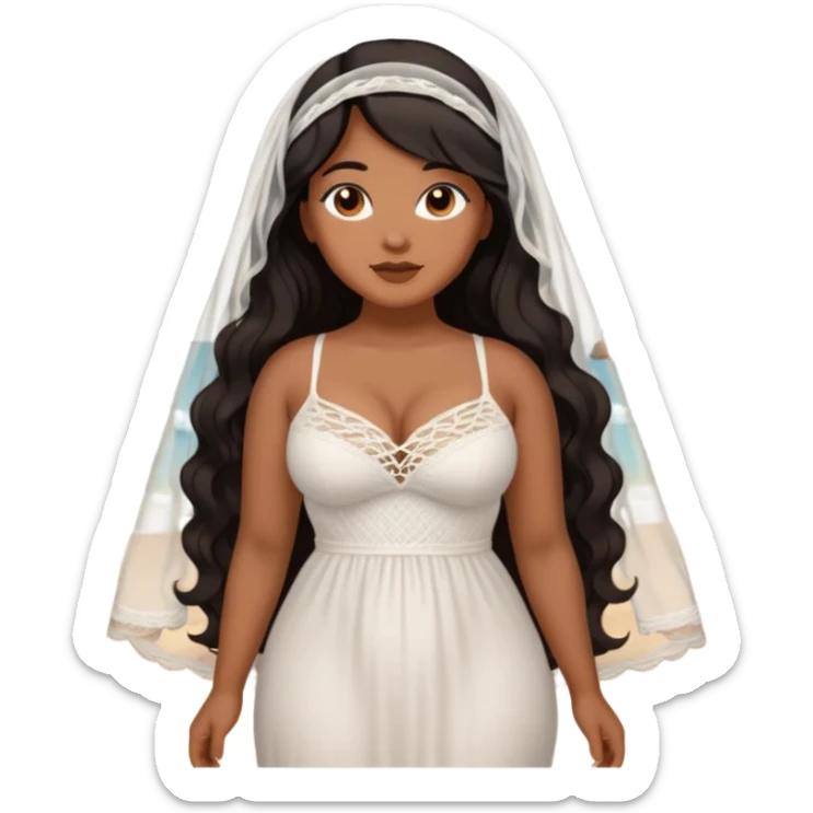 Curvy woman with brown skin with long wavy black hair, brown eyes. She's wearing a white crotchet dress getting married on a beach sticker