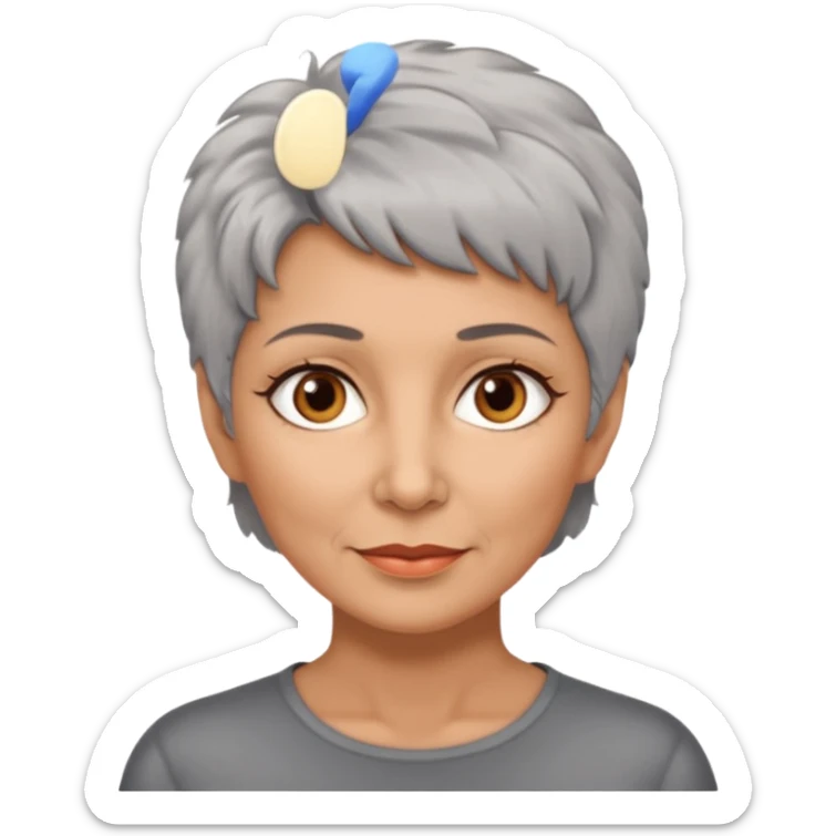woman 50 years old, short grey fluffy hair, tannes skin and brown eyes sticker