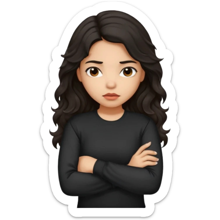 Hispanic girl with dark long wavy hair crossing her arms while pouting and wearing a black long sleeve shirt sticker