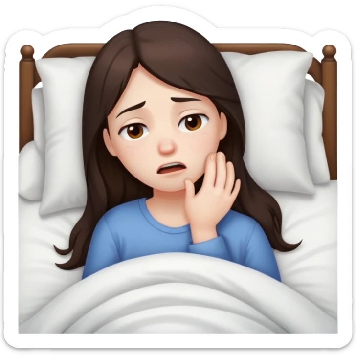 girl with long dark brown hair brown eyes and pale skin crying in bed tired sick sticker