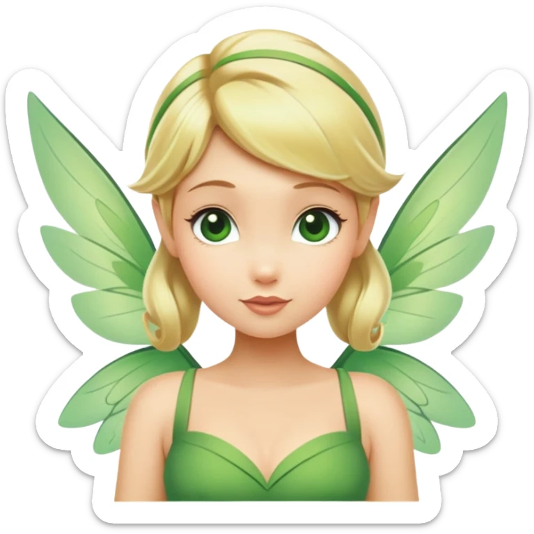 Tinkerbell fairy from hips up, green dress, blonde hair, wings, minimal style, larger size sticker