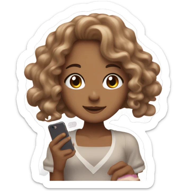 a tan girl with long curly brown hair on her iphone 16 thats white and has a cinnamonroll case from sanrio sticker