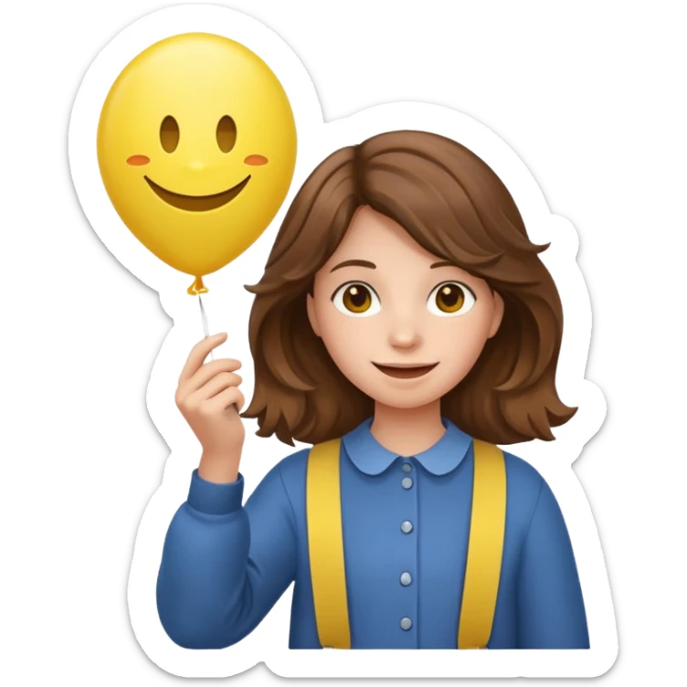 Teen girl wavy brown hair, with smiley-face balloon sticker