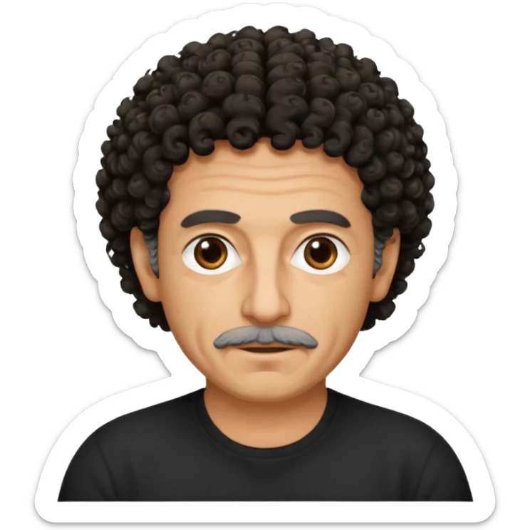 60 year old Greek man with short black curly frizzy think hair that sticks up and has a black shirt sticker
