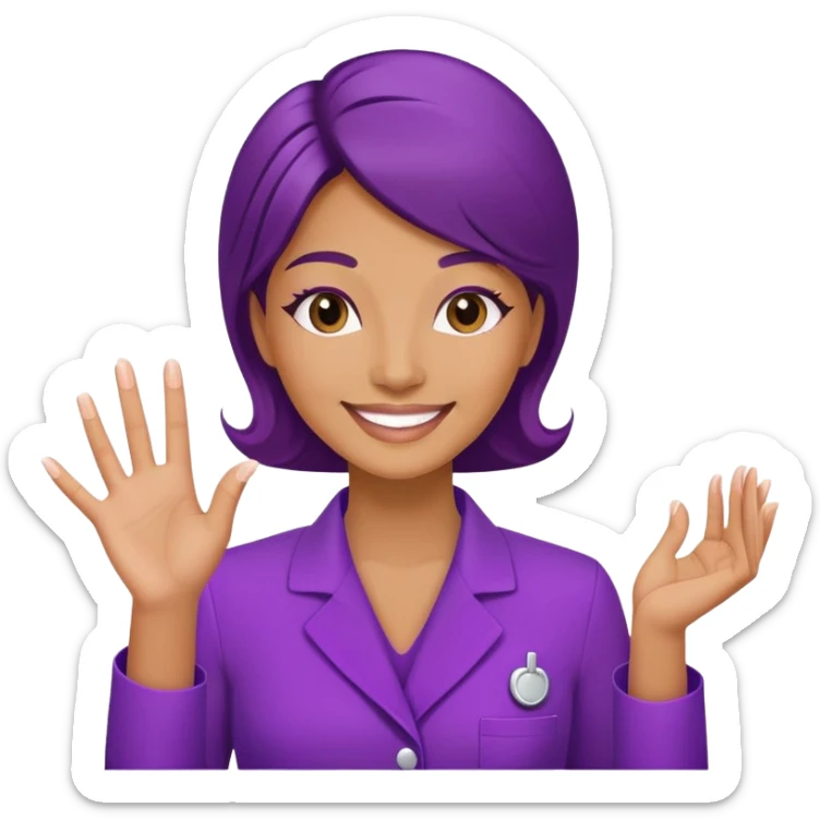 Woman cosmetologist in purple salon uniform with hand raised, smiling sticker
