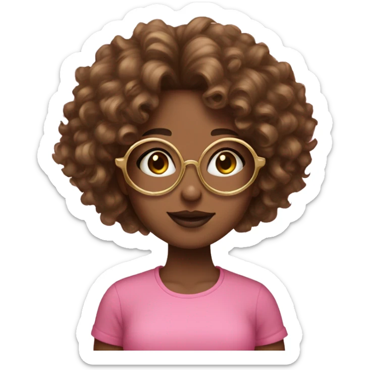 girl with brown curly hair brown skin gold circular glasses pink shirt jewelry sticker