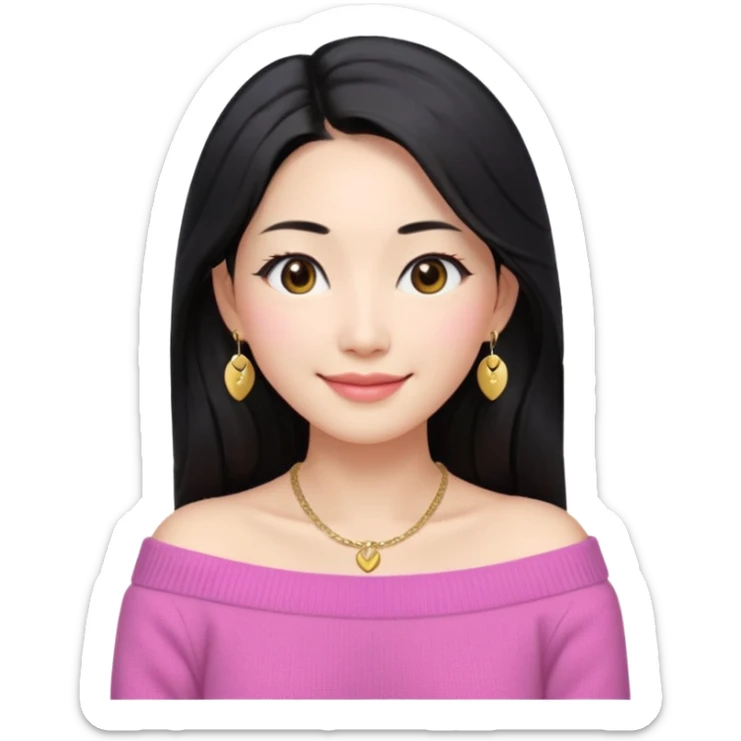 South Korean girl in her mid-thirties with long black hair and a middle part. She is wearing a pink colored, off the shoulder long sleeve knit sweater. She has small gold earrings and a gold necklace. She has brown eyes with narrow, mono lid shape and smiling with lips together sticker