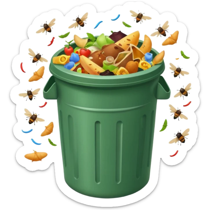 emoji-style icon of a trash can overflowing with food scraps, flies buzzing around, dirty and unsanitary look, clear at small size, no text sticker