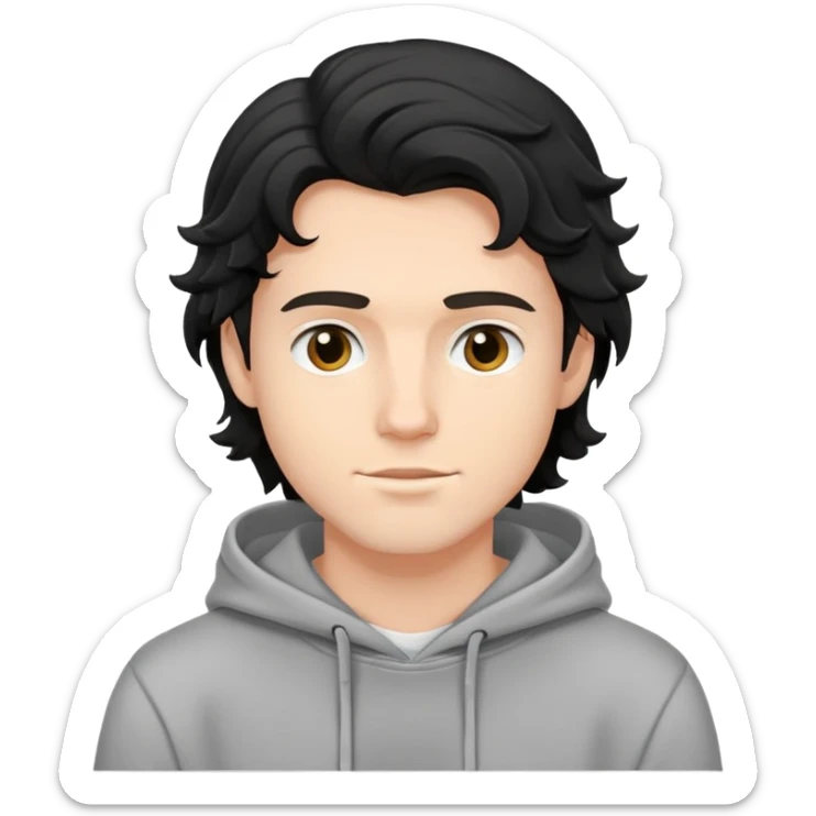 youthful white guy, black wavy hair, casual hoodie sticker