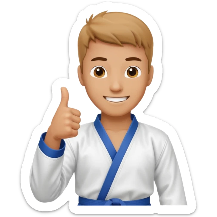Crea un personaje masculino con el uniforme de taekwondo que tenga efecto dibujito y esté realizando este gesto con la mano👍🏼, debe estar sonriente sticker